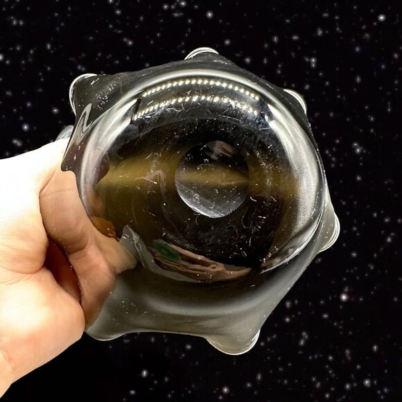 Czech Art Glass Handkerchief Bowl Smokey Olive Green White Ruffles Bohemian 3”T - Picture 9 of 12